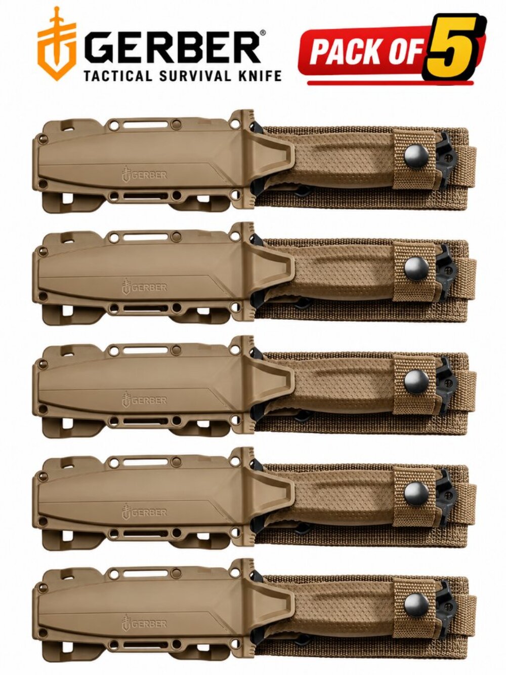 Gerber StrongArm Knife – Coyote Brown Serrated Fixed Blade, Pack of 5
